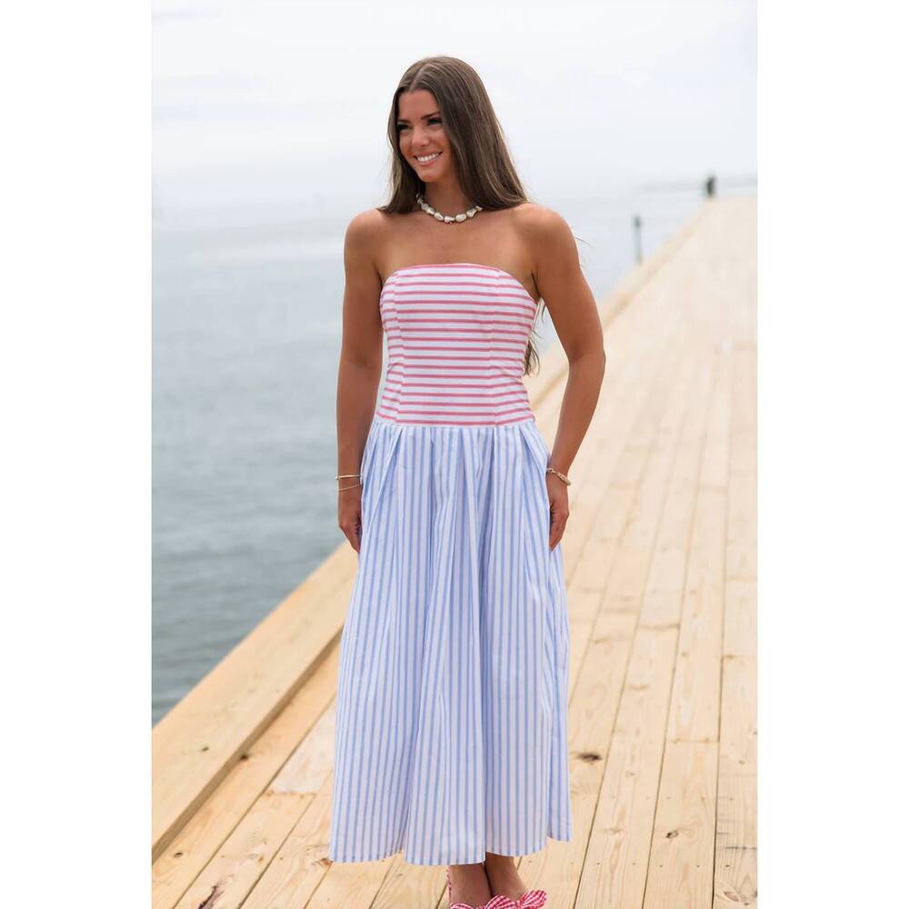 NEW TCEC coastal stripe strapless midi dress in blue